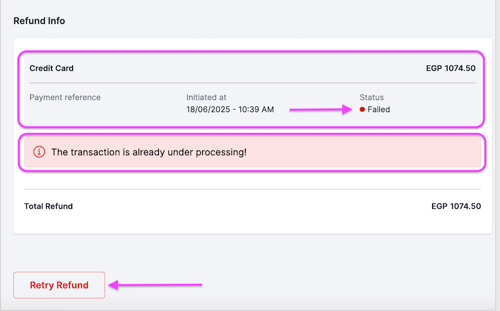 An order showing the failed status