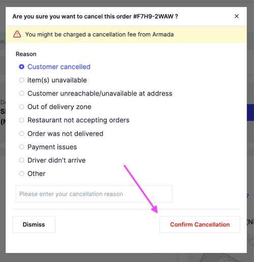 Choosing a cancellation reason and confirming