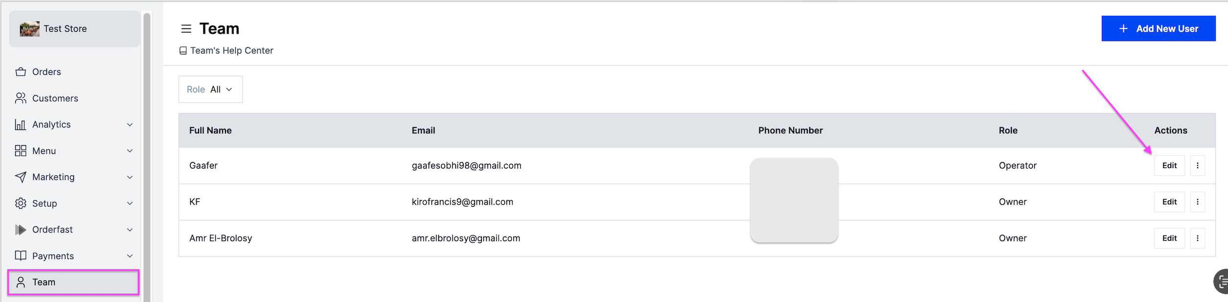 Editing a user on the Team page
