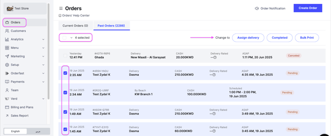 Selecting orders and choosing a new status