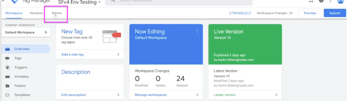 The Admin link in Google Tag Manager