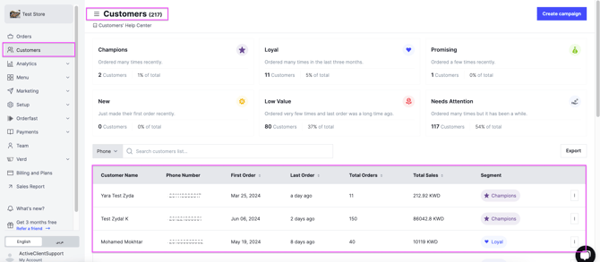 The customer segments on the Customers page