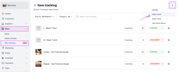 The Import Stock option on the Item tracking page